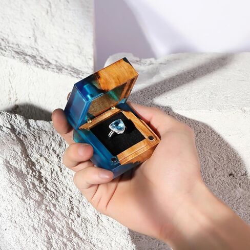 Wedding Ring Box, Blue Engagement Ring Box with Single Slot for Proposal Wedding Ceremony, Handcrafted, Made of Wood and Resin in Saudi Arabia