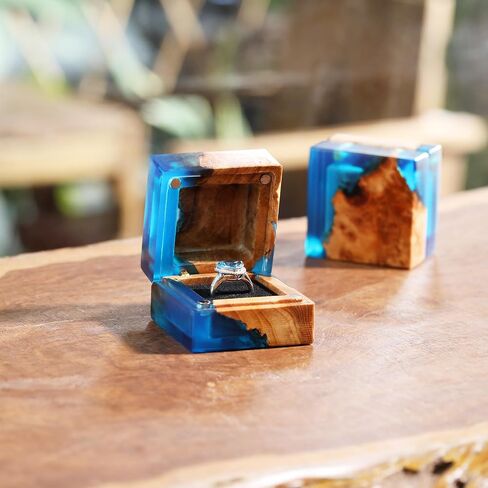 Wedding Ring Box, Blue Engagement Ring Box with Single Slot for Proposal Wedding Ceremony, Handcrafted, Made of Wood and Resin in Saudi Arabia