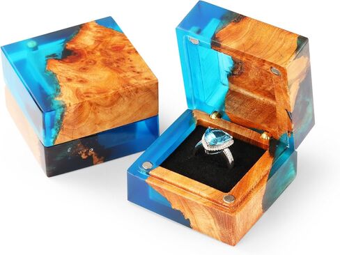 Wedding Ring Box, Blue Engagement Ring Box with Single Slot for Proposal Wedding Ceremony, Handcrafted, Made of Wood and Resin in Saudi Arabia