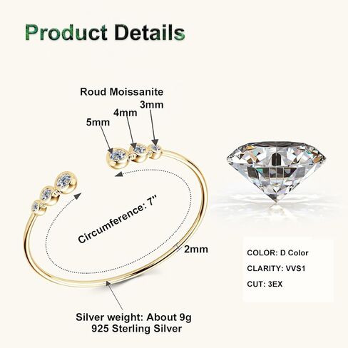 Moissanite Cuff Bangle, 1.8cttw D Color VVS1 Clarity Bracelet fit 7" Below Wrist, 925 Sterling Silver Bangle for Women Wife or Girlfriend Birthday Gifts in Kuwait