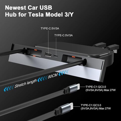 Car USB Hub for Tesla USB Hub - Multi Port for 2021 2022 2023 Tesla Model 3/Y, Multifunctional Tesla Accessories with Anti-Dust Sliding Lid and Retractable Fast Charge, 100% Fit Center Console Adapter in Saudi Arabia