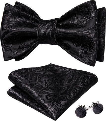 Barry.Wang Mens Bow Ties Paisley Solid Color Self Tie Bowtie Set Handkerchief Cufflinks Silk Wedding Party Classic in Saudi Arabia