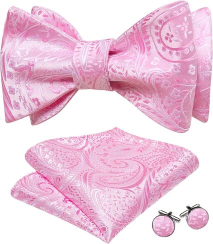 Barry.Wang Mens Bow Ties Paisley Solid Color Self Tie Bowtie Set Handkerchief Cufflinks Silk Wedding Party Classic in Saudi Arabia