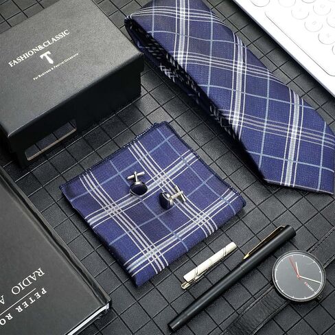 Coume 5 Pcs Gifts for Men Him Father's Day Gift Tie Set Necktie Pocket Square Tie Clip Cufflinks for Birthday in Kuwait