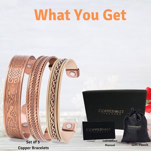 Copper Bracelets- for Men and Women| Set of 3 with Gift Box |Handmade 100% Copper| Gift for Women and Men in Kuwait