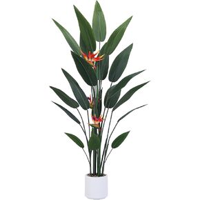 Artificial Bird of Paradise Plant 4 Ft Tall Fake Banana Leaf Plant for Indoors and Outdoors, Artificial Flowers, Faux Palm Tree with Plastic Pot for Office and Home Decor
