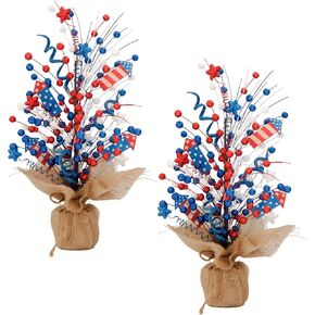 idyllic 2-Pack Berry Table Tree Artificial 4th of July Tabletop Decor - Patriotic Decoration with Stars Arrows Linen for Memorial Day, Independence Day, Veteran Day(19-inch Height)
