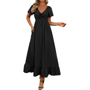 BTFBM Womens Spring Dresses 2025 Casual Short Sleeve V Neck Drawstring Wedding Guest Maxi Dresses Boho Beach Long Dress
