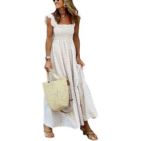Women's Sleeveless Strap Retro Plaid A-Line Smocked Maxi Long Dress with Ruffled Hem