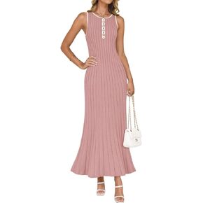 ZESICA Womens 2025 Summer Long Maxi Dress Sleeveless Crew Neck Hollow Out Pleated Ribbed Knit Swing Tank Dresses