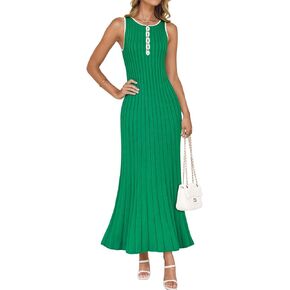 ZESICA Womens 2025 Summer Long Maxi Dress Sleeveless Crew Neck Hollow Out Pleated Ribbed Knit Swing Tank Dresses in Kuwait