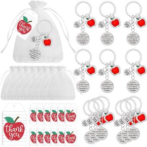 12 Set Teacher Appreciation Gifts Keychains Bulk Apple Inspirational Stainless Steel Keychains with Thank You Cards Organza Bags for Teacher's Day Thank You Teacher