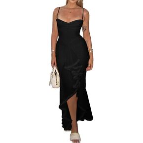 nrthye نساء أنيقة غير منتظمة الكشكشة HEM Maxi Dress Mesh Ruchedlesslesslessless عاريات مطوي الفساتين الطويلة الحزب النادي