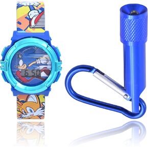 Accutime Sega Sonic The Hedgehog Kids Digital Watch Set - LED Flashing Lights, LCD Watch Display, Flashlight Keychain, Kids, Girls Or Boys Watch, Plastic Strap in Blue (Model: SNC40050MAZ)