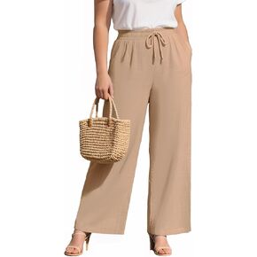 Plus Size Cotton Linen Casual Pants for Women, Summer Lounge Wide Leg Palazzo High Waist Drawstring Pockets Trouser