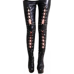 Women Faux Leather Pants Gothic Lace Up Pant Punk Rock Hollow Out Trousers