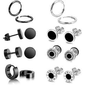 8 Pairs Black Mens Earrings Stud,Stainless Steel Aretes de Hombre Earrings for Men Set Cool Aretes Para Hombre Male Earrings Surgical Steel Ear Rings for Men Earrings Hypoallergenic