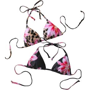 Verdusa Women's 2 Pack Leopard Floral Halter Bikini Tops Tie Back Bathing Suit Tops