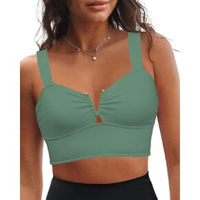 GRAPENT Bikini Tops for Women Cropped Tankini Tops Beach V Bar Padded Ruched Adjustable Strap Swimsuit Swim Top Only