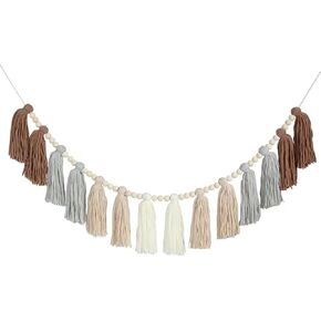 WORLDLYDA Wood Bead Garland with Tassels 58in Bead Decor Decorative Wooden Beads Boho Wood Bead Garland Prayer Beads Farmhouse Beads with Tassel for Rustic Decor Shelf Decor Home Decor