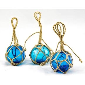 Japanese Glass Fishing Floats Ball - 3" Aqua (3 Pack) - Glass Buoys with Rope - Japanese Glass Floats - Fishing Float Glass - Glass Float Balls - Glass Ball Float Decor - Nautical Glass Balls