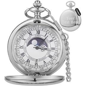 Pocket Watch Moon Phase Calendar Roman Numerals Scale Quartz Pocket Watches with Chain Best Gifts-Silver