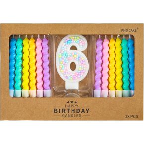 PHD CAKE Number 6 Birthday Candle Macaron Glitter Number Candle with Rainbow Spiral Candles in Holders for Cake Topper, Pastel Sweet Theme Party Decoration