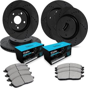 R1 Concepts Front and Rear Brakes and Rotors| Drilled Slotted Brake Rotors| Front and Rear Ceramic Brake Pads and Rotors Kit| Automotive Replacement Brake Kits