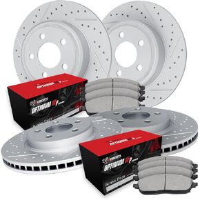 R1 Concepts Front and Rear Brakes and Rotors| Drilled Slotted Brake Rotors| Front and Rear Optimum OEp Brake Pads and Rotors Kit| Automotive Replacement Brake Kits