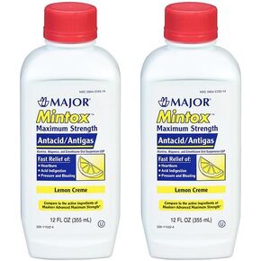 Major Mintox Maximum Strength Antacid/Antigas for Fast Relief of Heartburn, Acid Indigestion, Pressure, Bloating - Lemon Creme - 12 Fl Oz (355 mL) (2 Pack)