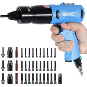 Pneumatic Rivet Nut Gun Kit with 11PCS M6 M8 M10 Mandrels, Industrial Grade Air Rivnut Tool Set with Self-Locking Head Gun, Air Riveter Nut Gun for Threaded Nutsert Insert Installation