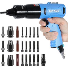 Pneumatic Rivet Nut Gun Kit with 1/4 & 5/16 & 3/8 Mandrels, Industrial Grade Air Rivnut Tool Set with Self-Locking Head Gun, Air Riveter Nut Gun for Threaded Nutsert Insert Installation