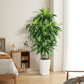 شجرة دراكاينا الاصطناعية داخلية ، شجرة مزيفة طولها 5 أقدام مع زارع أبيض طويل القامة ، شجرة اصطناعية مزيفة يوكا بوعاء للمكاتب المنزلية ديكور غرفة المعيشة ， نبات الاصطناعي طويل القامة للمنزل