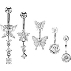 5pcs Long Belly Button Rings,Stainless Steel Diamond Belly Rings For Women,Pendant Navel piercing Jewelry with Butterfly,6mm Short & 10mm