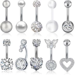 8PCS/10PCS Belly Button Rings 14G 1.6MM Stainless Steel Curved Body Piercing Barbell Rings Belly Rings Navel Piercings Pack for Women Silver Gold
