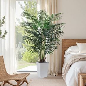 Artificial Palm Tree with White Tall Planter, 5ft Tall Potted Artificial Silk Palm Tree Plant, Fake Tropical Plant, Home Office Floor Room Decor Plants Indoor Outdoor, Housewarming Gift