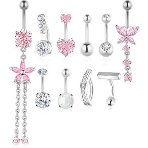 Gold Silver Belly Button Ring Belly Rings for Women Belly Button Piercing 14G Surgical Stainless Steel Dangle Flower Pink Heart Opal Navel Belly Piercing Jewelry Clicker Belly Button Jewelry