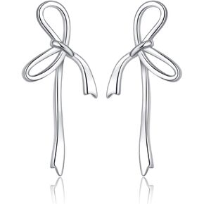 Reffeer Solid 925 Sterling Silver Bow Stud Earrings Ribbon for Women Teens Bowknot Stud Earrings Drops
