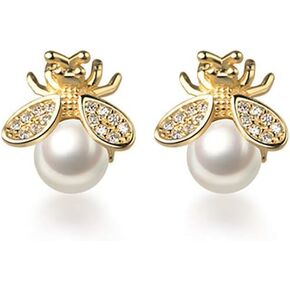 Reffeer Solid 925 Sterling Silver Bumble Bee Stud Earrings for Women Teens Honey Bee Stud Earrings Pearls Mother's Day