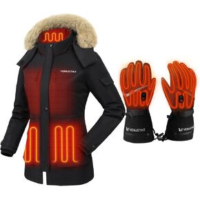 Venustas Women's Heated Parka Jacket (Black, L) & Heated Gloves
