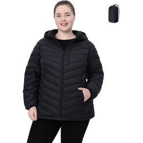 Plus Size Women Packable Puffer Jacket 1X-6X Water-Resistant Lightweight Coat Detachable Hood(Exclusively Plus Size)