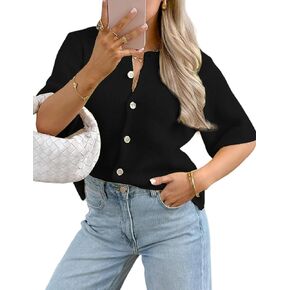 Arssm Women's Knitted Crop Cardigan Y2k Short Sleeve Button Down Cardigan Shirt Ribbed Knit Solid Color Lightweight Outwear