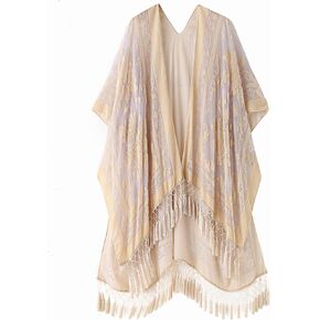 Wehello Women's Burnout Velvet Kimono Cardigan Cools Up with Tassel Beige