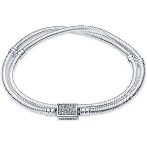 KUNSIR 925 Sterling Silver Double Loop Snake Chain Bracelet with 5A Cubic Zirconia Compatible with Pandora charms, Christmas Mother's Day