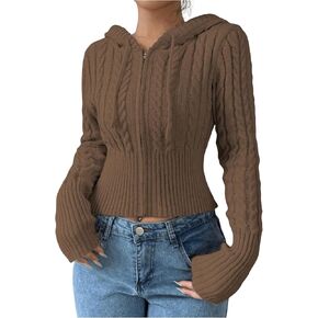 SOLY HUX Women's Zip Up Hooded Crop Cardigan Cable Knit Hoodies Long Sleeve Y2k Sweater Jacket