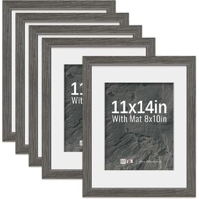 VCK 12x18 إطار الصورة 5 حزمة-إطارات ملصقات خشبية رمادية ، مع زجاج مقسى ، عرض 11x17 صورة مع حصيرة أو 12x18 بدون حصيرة ، جودة معرض فني ، شنق الجدار ، رمادي