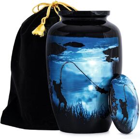 STONLIF Large Gone Fishing Urns for Ashes Adult Male & Female - 200 lbs Decorative Urn, Burial Urns for Dad, Men - Funeral Urn with Velvet Bag and Felted Bottom - Blue Urn for Ashes Adult Male