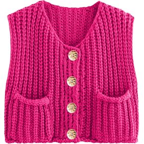 Womens Summer Crop Knit Sweater Vest Sleeveless Button Down Chunky Knit Vest Cardigan with Pockets