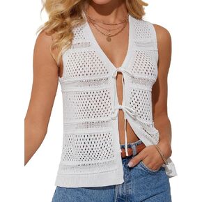GRACE KARIN Women’s Tie Front Sweater Vest Summer Sleeveless Crop Crochet Knit Tops Lightweight Cardigan Sweaters Tops