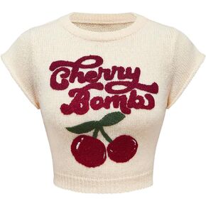 Verdusa Women's Cherry Print Cap Sleeve Sweater Vest Y2k Round Neck Fitted Knit Crop Top